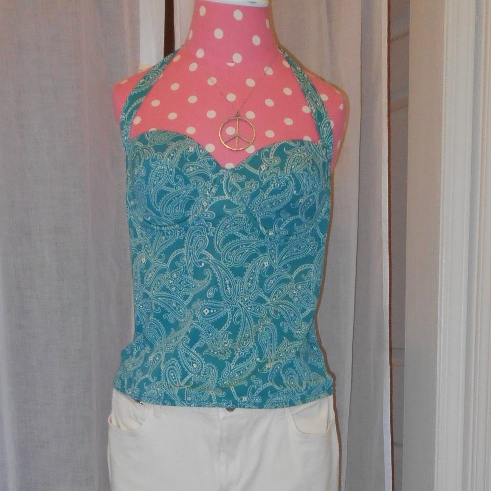 VICTORIA SECRET 36C Tankini Green and Cream Swim Top - NWOT